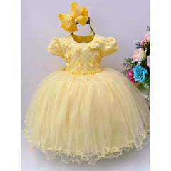 Vestido Infantil Amarelo Renda Aplique Borboletas e Pérolas