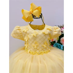 Vestido Infantil Amarelo Renda Aplique Borboletas e Pérolas
