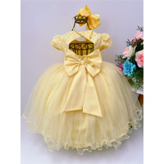 Vestido Infantil Amarelo Renda Aplique Borboletas e Pérolas