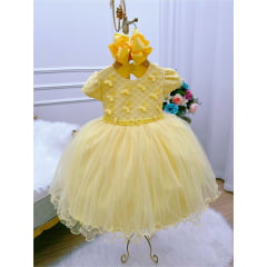 Vestido Infantil Amarelo Renda Aplique Borboletas e Pérolas