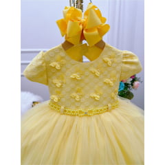 Vestido Infantil Amarelo Renda Aplique Borboletas e Pérolas