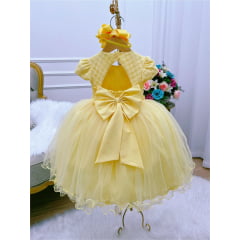 Vestido Infantil Amarelo Renda Aplique Borboletas e Pérolas
