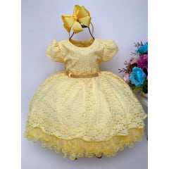 Vestido Infantil Amarelo Rendado Cinto de Strass Luxo Princesa