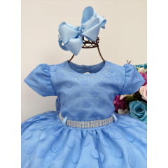 Vestido Infantil Azul C/ Peito e Cinto de Strass Bolinhas