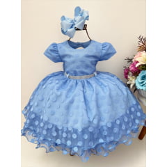 Vestido Infantil Azul C/ Peito e Cinto de Strass Bolinhas