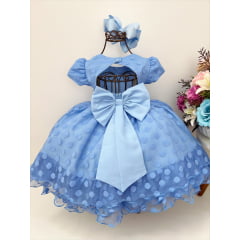 Vestido Infantil Azul C/ Peito e Cinto de Strass Bolinhas