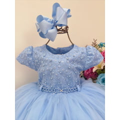 Vestido Infantil Azul C/ Renda Cinto Pérolas Strass Princesa
