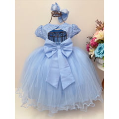 Vestido Infantil Azul C/ Renda Cinto Pérolas Strass Princesa
