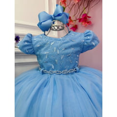 Vestido Infantil Azul C/ Renda Peito Strass Cinto de Pérolas