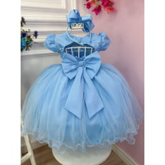 Vestido Infantil Azul C/ Renda Peito Strass Cinto de Pérolas