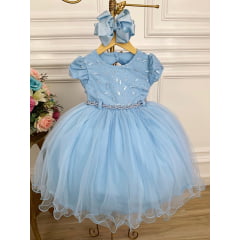 Vestido Infantil Azul C/ Renda Peito Strass Cinto de Pérolas