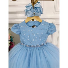 Vestido Infantil Azul C/ Renda Peito Strass Cinto de Pérolas
