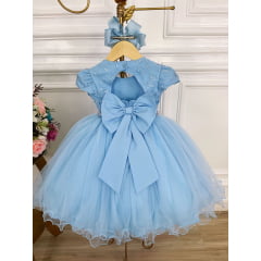 Vestido Infantil Azul C/ Renda Peito Strass Cinto de Pérolas