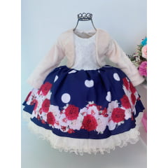 Vestido Infantil Azul e Off White Saia Floral Com Bolero