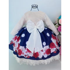 Vestido Infantil Azul e Off White Saia Floral Com Bolero