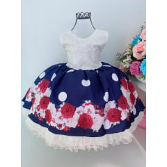 Vestido Infantil Azul e Off White Saia Floral Com Bolero
