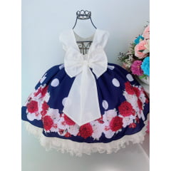 Vestido Infantil Azul e Off White Saia Floral Com Bolero