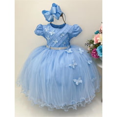 Vestido Infantil Azul Peito Nervura Aplique Borboleta Pérola
