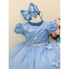 Vestido Infantil Azul Peito Nervura Aplique Borboleta Pérola