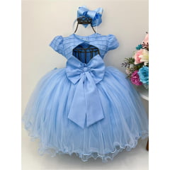 Vestido Infantil Azul Peito Nervura Aplique Borboleta Pérola