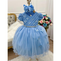 Vestido Infantil Azul Peito Nervura Aplique Borboleta Pérola