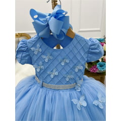 Vestido Infantil Azul Peito Nervura Aplique Borboleta Pérola