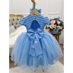 Vestido Infantil Azul Peito Nervura Aplique Borboleta Pérola