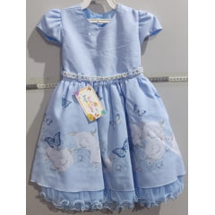 Vestido Infantil Azul Saia Floral Cinto de Pérolas e Aplique