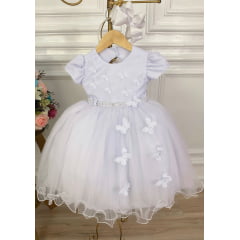 Vestido Infantil Branco Aplique de Borboleta Renda Pérolas