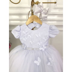 Vestido Infantil Branco Aplique de Borboleta Renda Pérolas