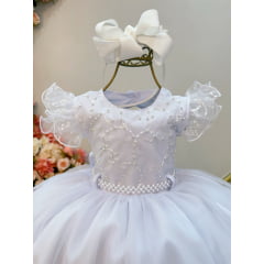 Vestido Infantil Branco Busto Com Renda Batizados Daminhas