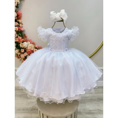Vestido Infantil Branco Busto Com Renda Batizados Daminhas