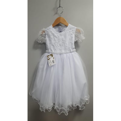 Vestido Infantil Branco Busto Com Renda Bordado Daminhas