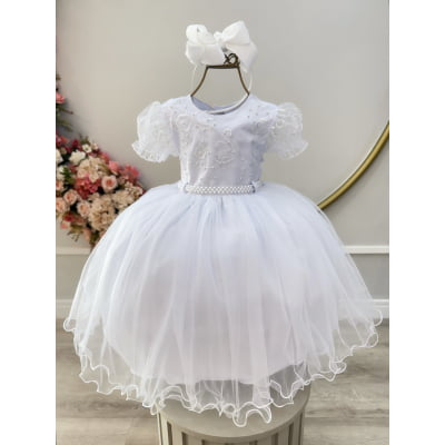 Vestido Infantil Branco Busto Com Renda Bordado Daminhas