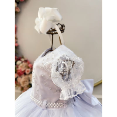Vestido Infantil Branco Busto Com Renda Bordado Daminhas