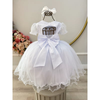 Vestido Infantil Branco Busto Com Renda Bordado Daminhas