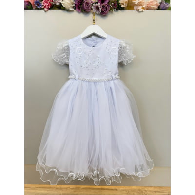 Vestido Infantil Branco Busto Com Renda Bordado Daminhas