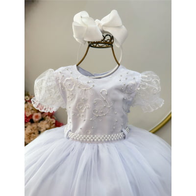 Vestido Infantil Branco Busto Com Renda Bordado Daminhas