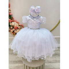 Vestido Infantil Branco Busto Com Renda Daminhas Batizados