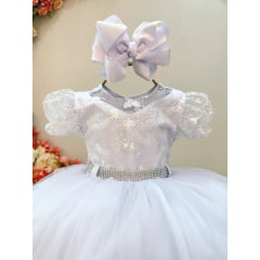 Vestido Infantil Branco Busto Com Renda Daminhas Batizados