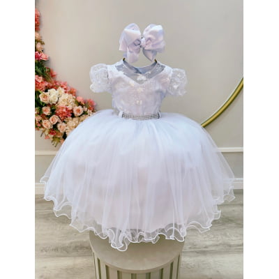 Vestido Infantil Branco Busto Com Renda Daminhas Batizados