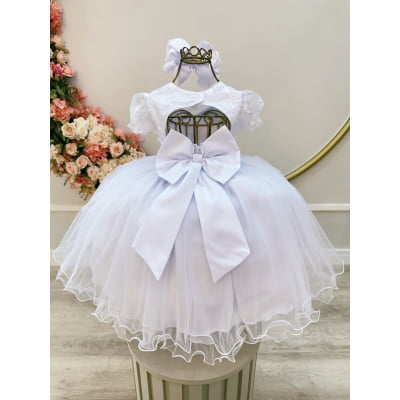 Vestido Infantil Branco Busto Com Renda Daminhas Batizados