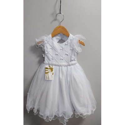 Vestido Infantil Branco Busto Nervura Apliques Daminhas