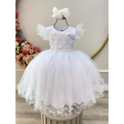 Vestido Infantil Branco Busto Nervura Apliques Daminhas
