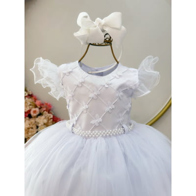 Vestido Infantil Branco Busto Nervura Apliques Daminhas