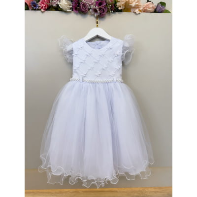 Vestido Infantil Branco Busto Nervura Apliques Daminhas