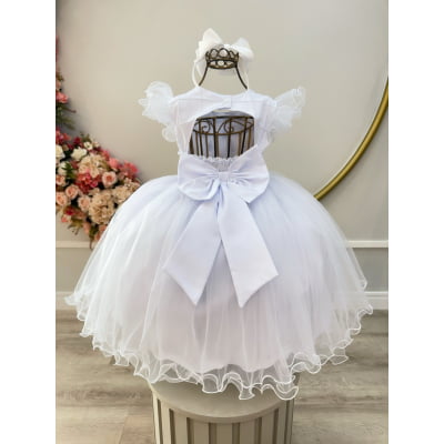 Vestido Infantil Branco Busto Nervura Apliques Daminhas