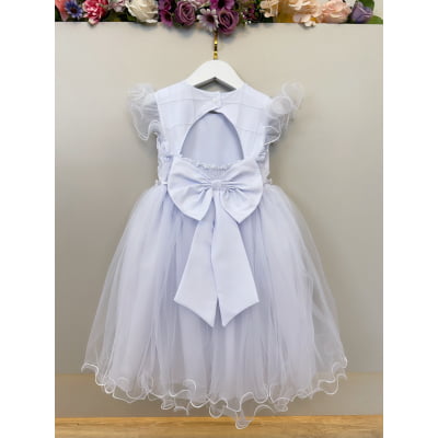 Vestido Infantil Branco Busto Nervura Apliques Daminhas