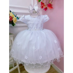 Vestido Infantil Branco C/ Aplique de Flores Renda Pérolas