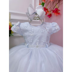 Vestido Infantil Branco C/ Aplique de Flores Renda Pérolas